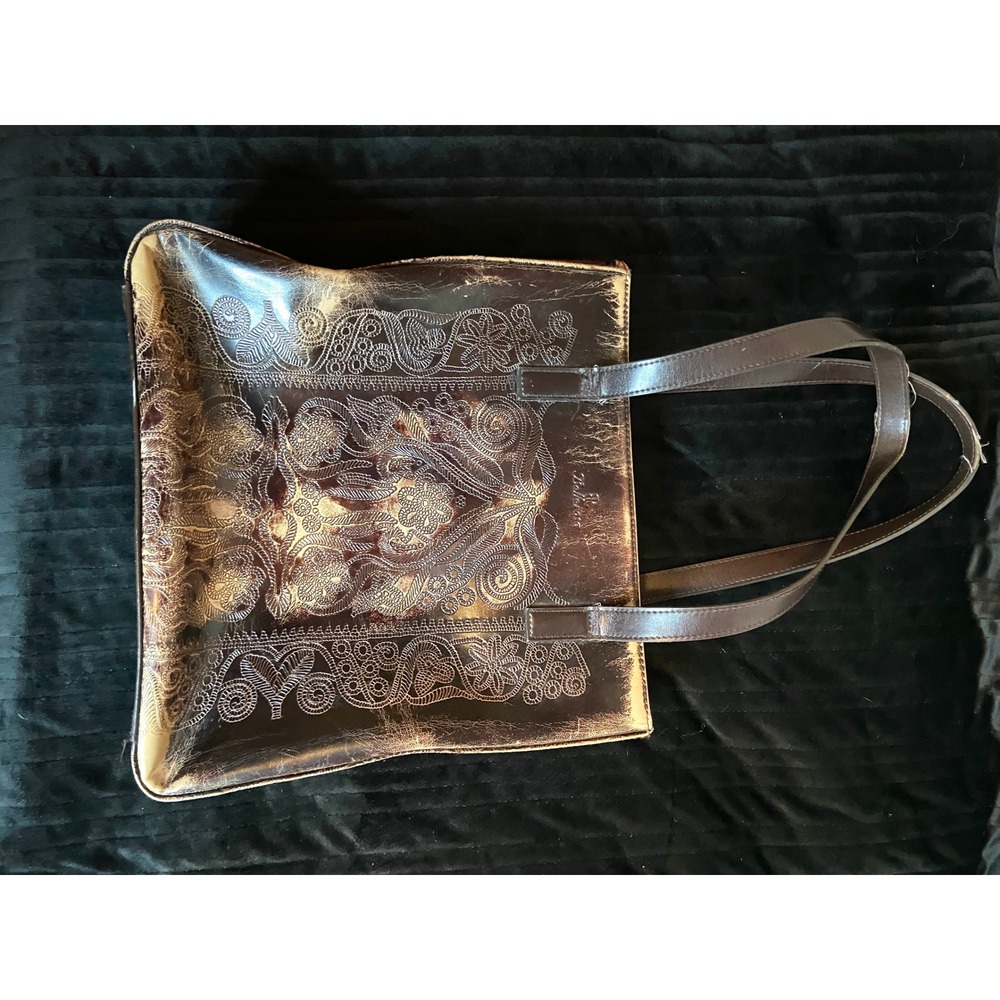 Bellerose Brown Embossed Leather Tote Bag Paisley Floral Distressed Shoulder Bag